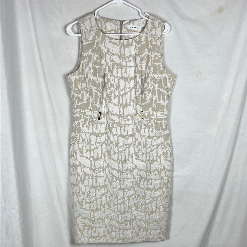 Calvin Klein Cream and White Careerwear Midi Dress